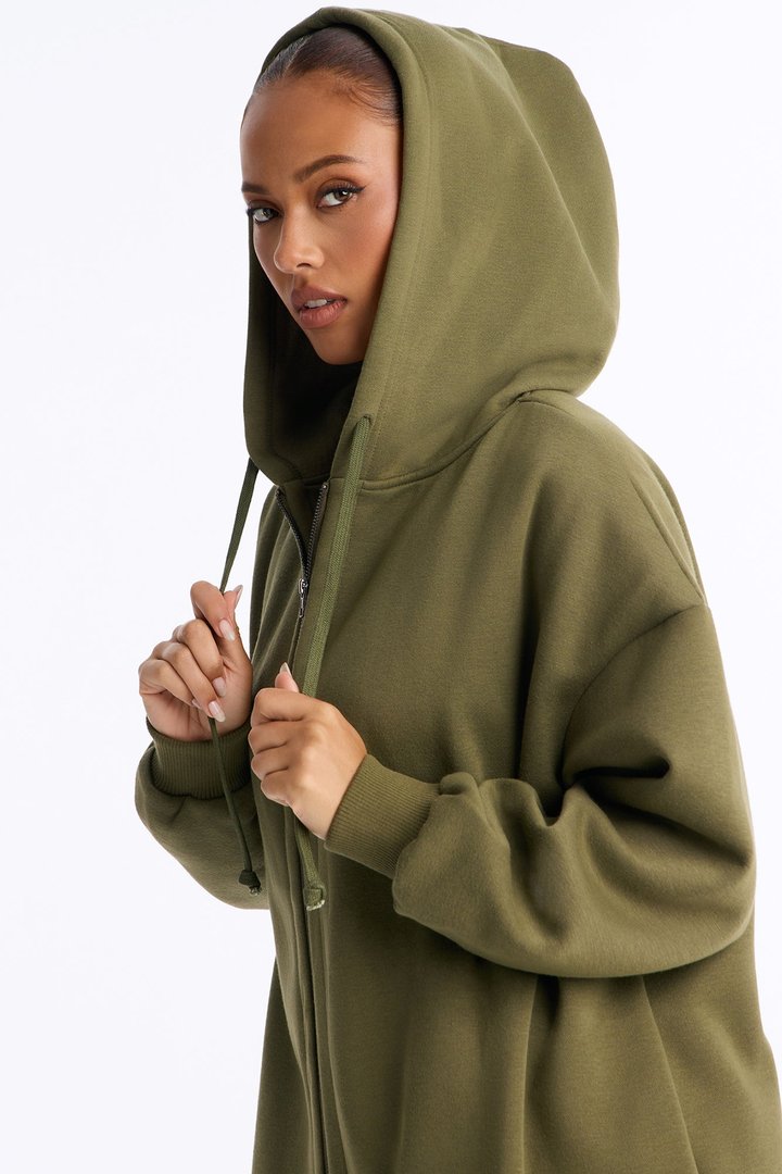 Sunday Lounge Fleece Hooded Long Jacket - Olive