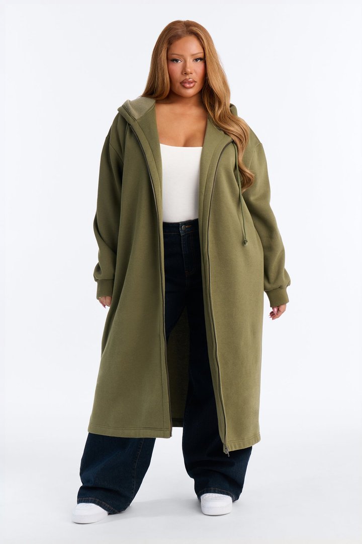 Sunday Lounge Fleece Hooded Long Jacket - Olive