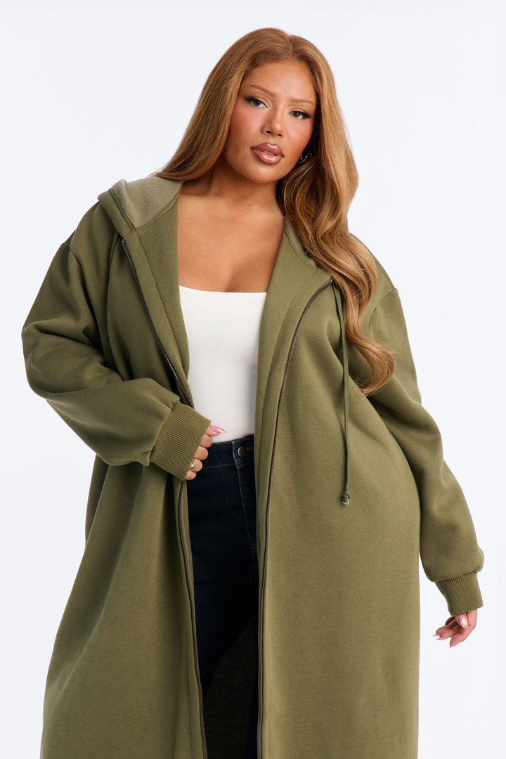 Sunday Lounge Fleece Hooded Long Jacket - Olive