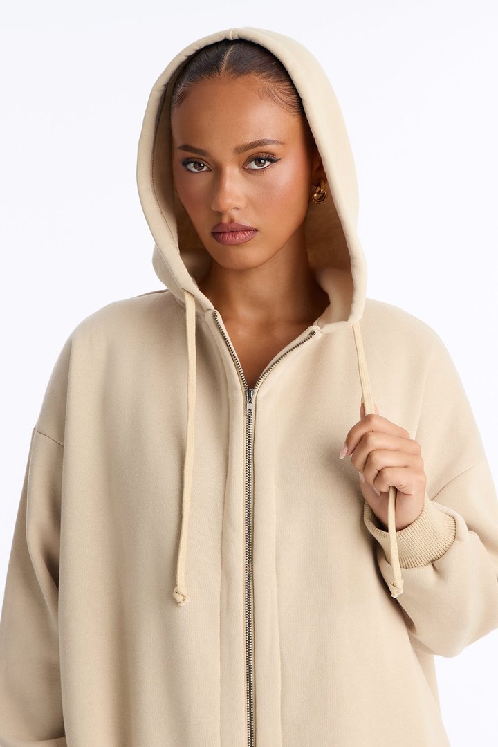 Sunday Lounge Fleece Hooded Long Jacket - Taupe