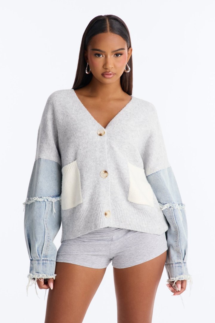 Not The Same Denim Contrast Cardigan - Grey