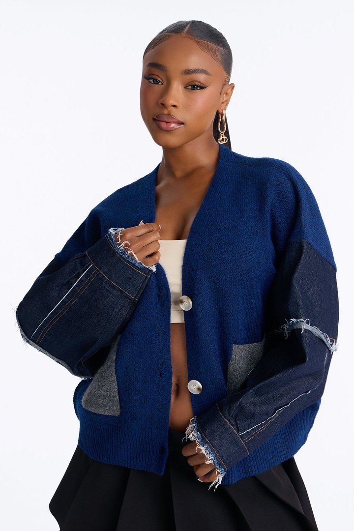 Not The Same Denim Contrast Cardigan - Navy