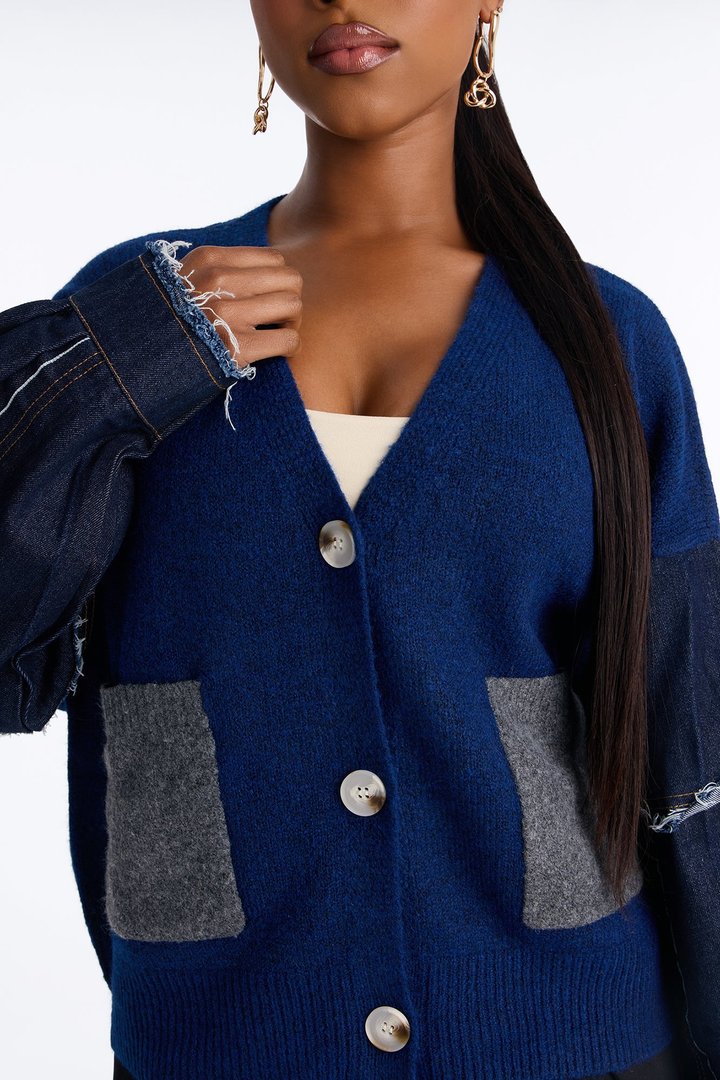 Not The Same Denim Contrast Cardigan - Navy