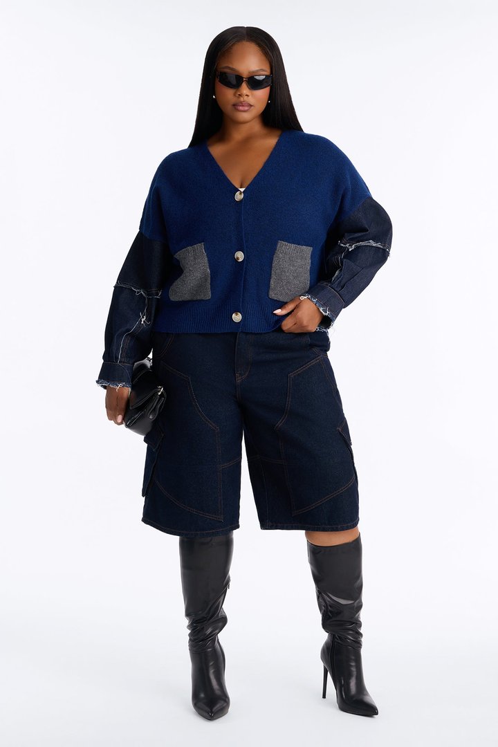 Not The Same Denim Contrast Cardigan - Navy