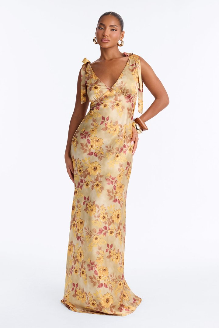Ella Satin Floral Maxi Dress - Yellow/combo