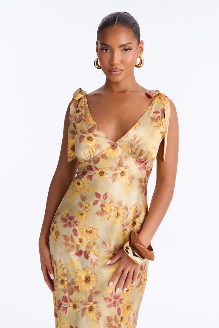 Ella Satin Floral Maxi Dress - Yellow/combo