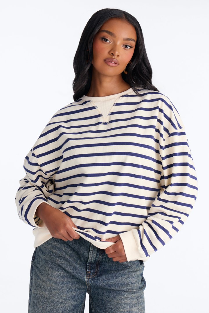 Stay Cool Striped Oversized Long Sleeve Top - Navy/combo