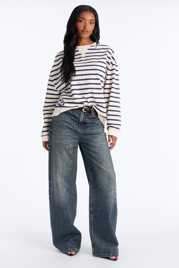 Stay Cool Striped Oversized Long Sleeve Top - Navy/combo