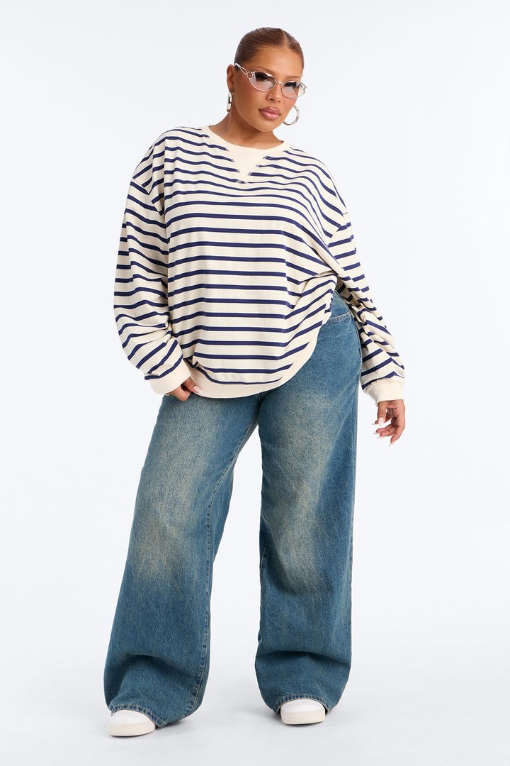 Stay Cool Striped Oversized Long Sleeve Top - Navy/combo
