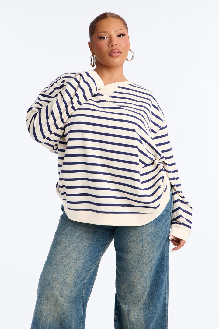 Stay Cool Striped Oversized Long Sleeve Top - Navy/combo