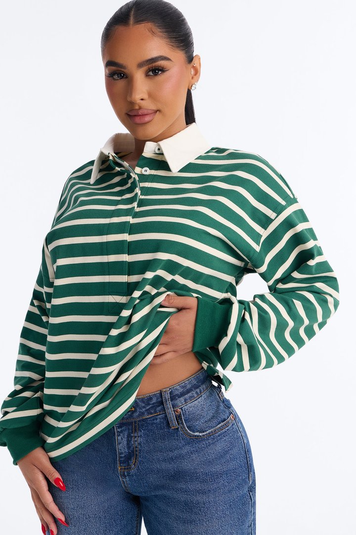 In His Striped Oversized Long Sleeve Polo Top - Green/combo