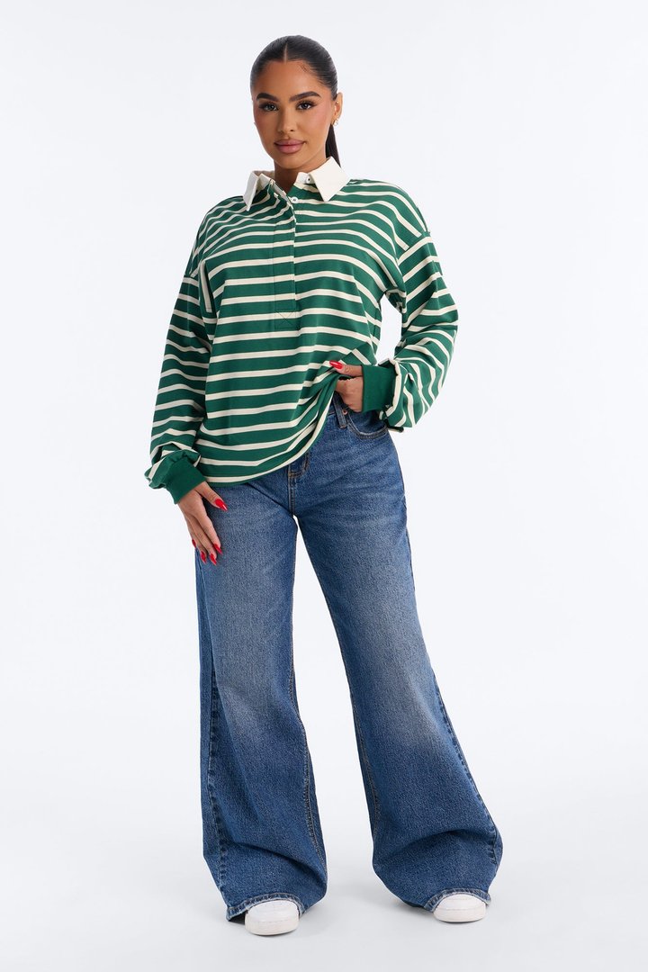 In His Striped Oversized Long Sleeve Polo Top - Green/combo