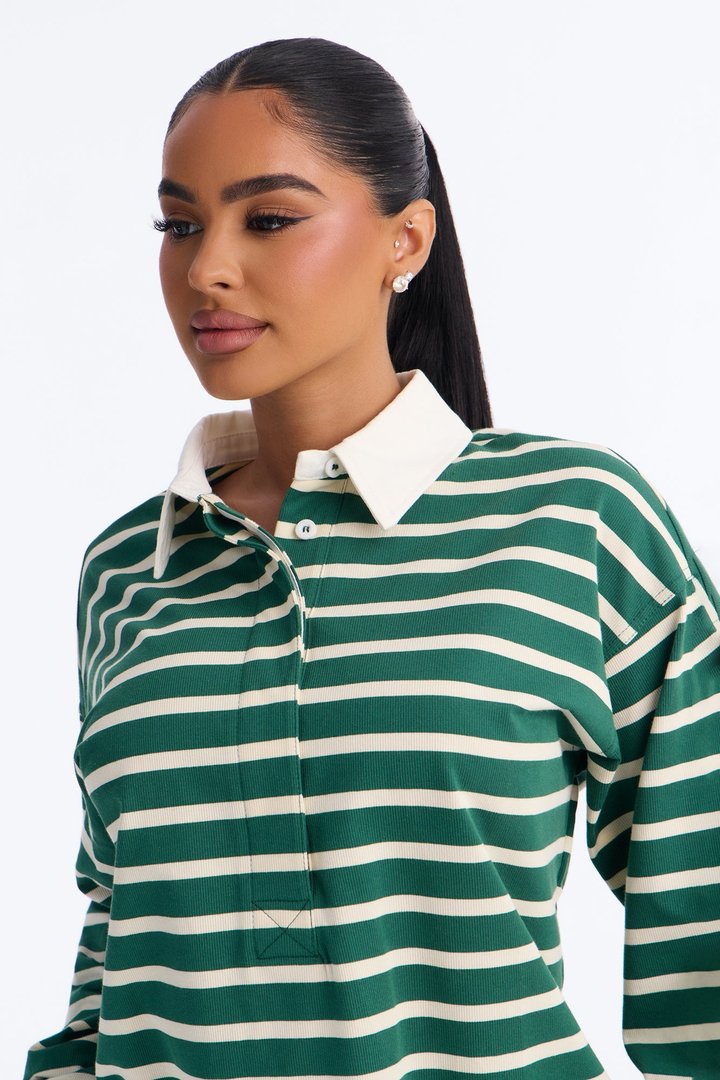 In His Striped Oversized Long Sleeve Polo Top - Green/combo