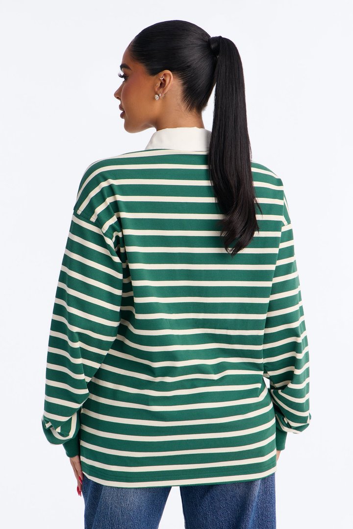 In His Striped Oversized Long Sleeve Polo Top - Green/combo