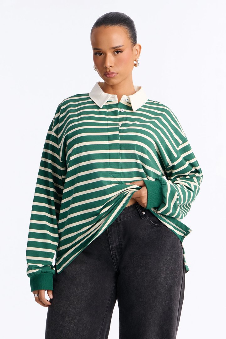 In His Striped Oversized Long Sleeve Polo Top - Green/combo