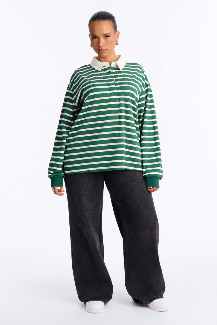 In His Striped Oversized Long Sleeve Polo Top - Green/combo