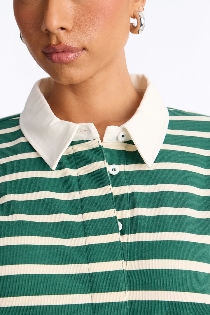 In His Striped Oversized Long Sleeve Polo Top - Green/combo