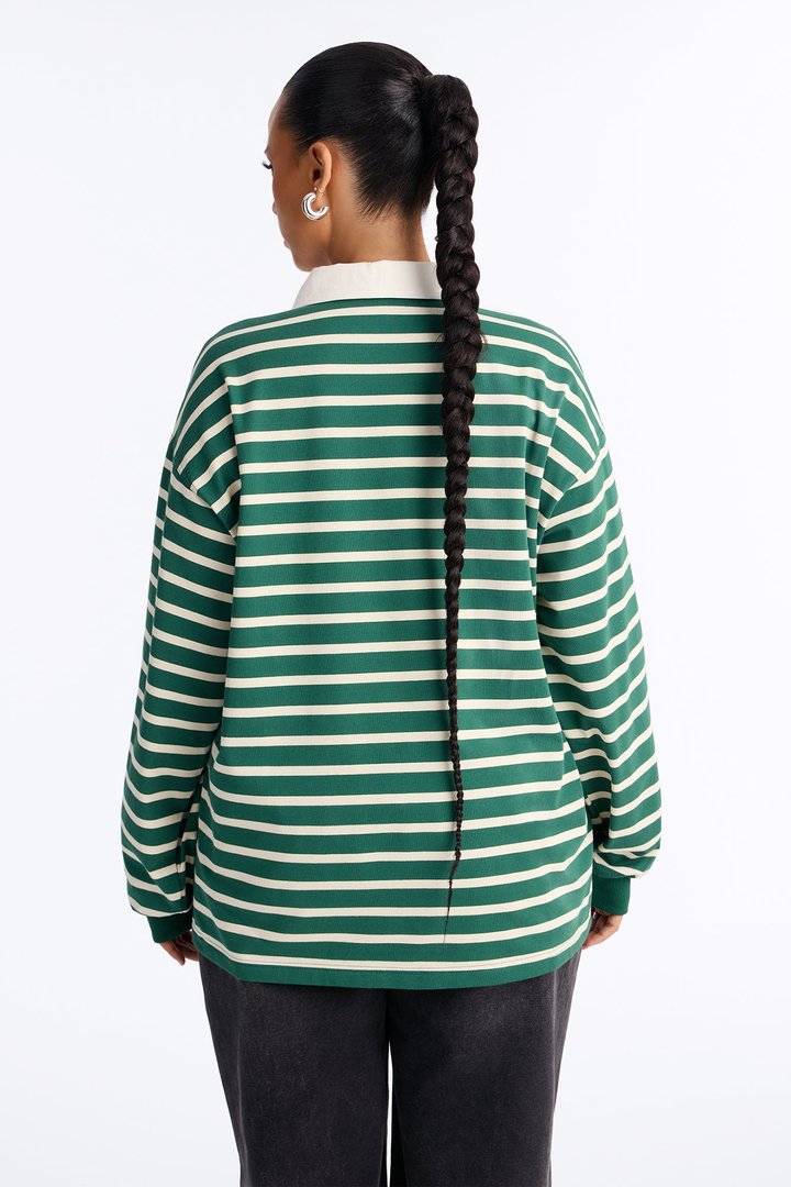 In His Striped Oversized Long Sleeve Polo Top - Green/combo