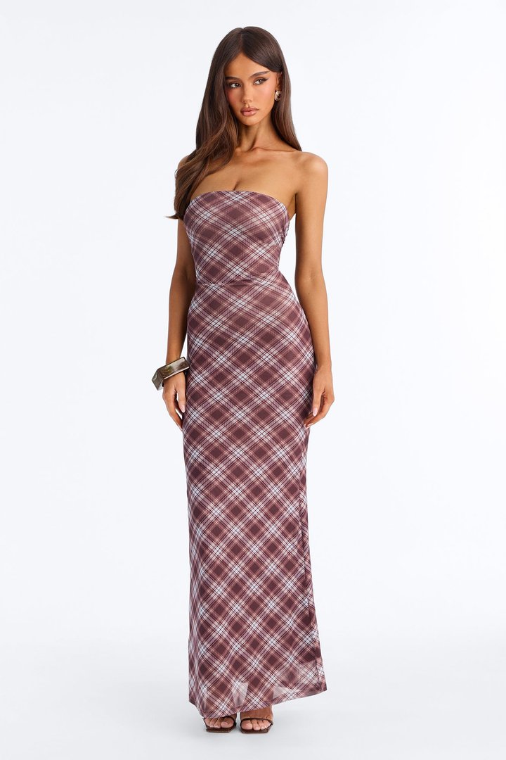 Get A Clue Plaid Maxi Strapless Dress - Brown/combo