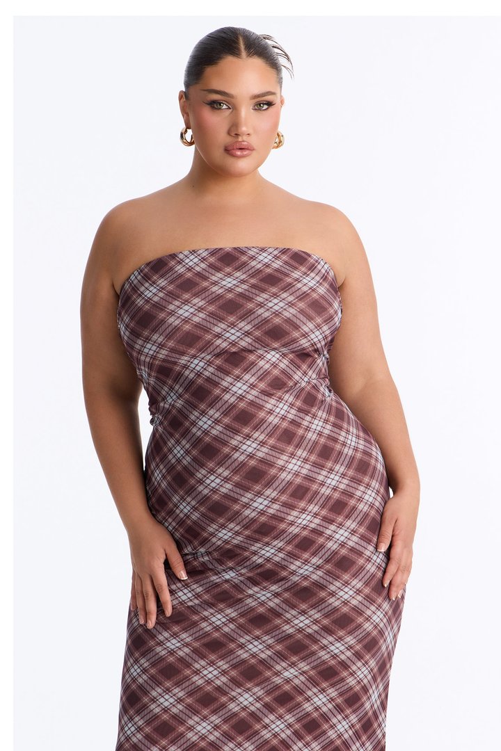 Get A Clue Plaid Maxi Strapless Dress - Brown/combo
