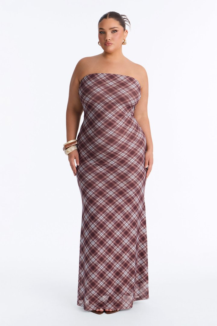 Get A Clue Plaid Maxi Strapless Dress - Brown/combo