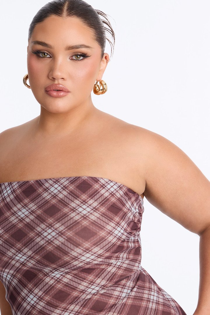 Get A Clue Plaid Maxi Strapless Dress - Brown/combo