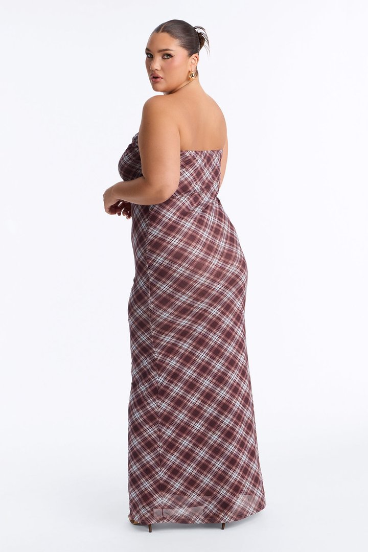 Get A Clue Plaid Maxi Strapless Dress - Brown/combo