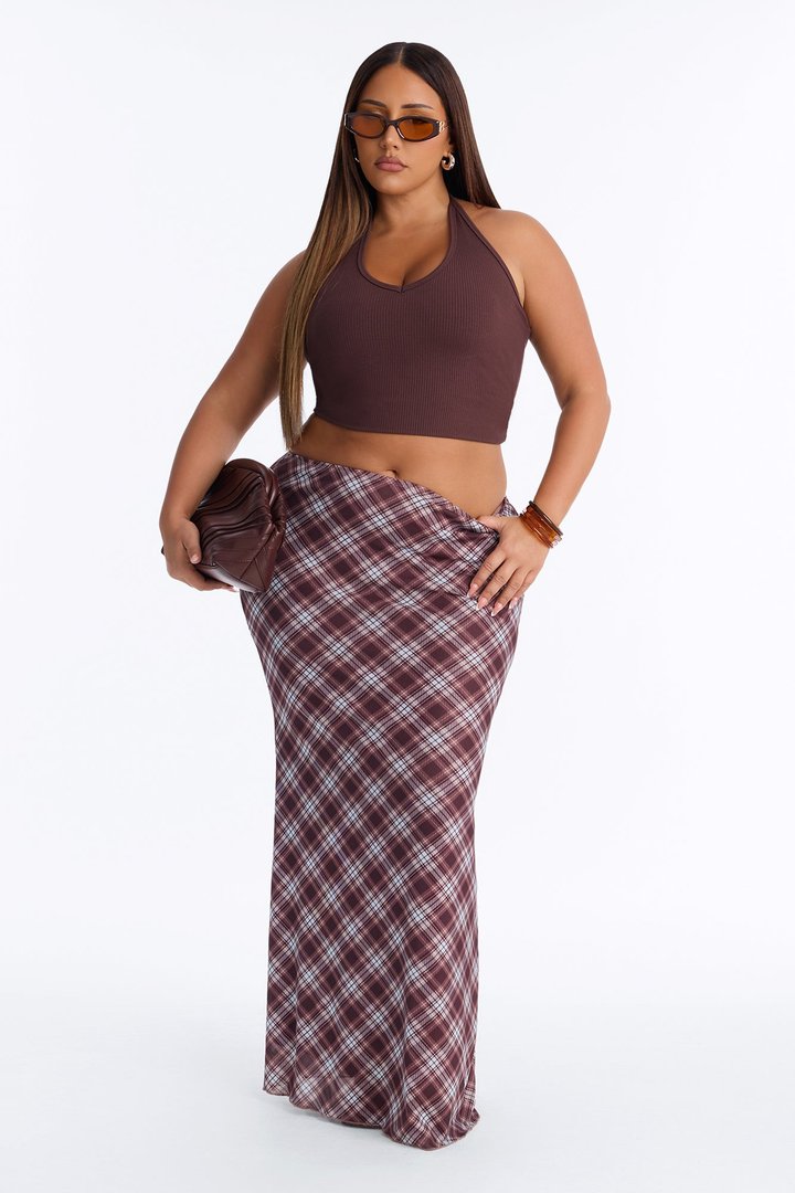 Pretty In Plaid Mesh Maxi Skirt - Brown/combo