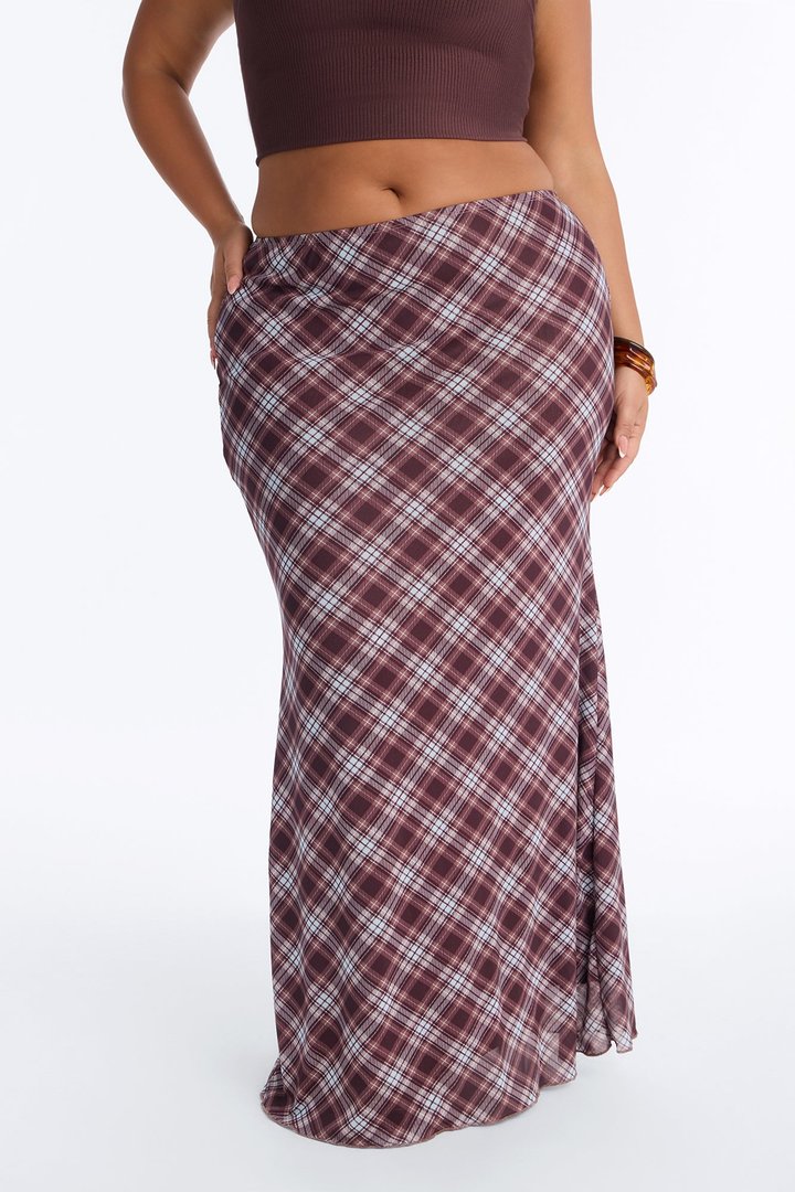 Pretty In Plaid Mesh Maxi Skirt - Brown/combo