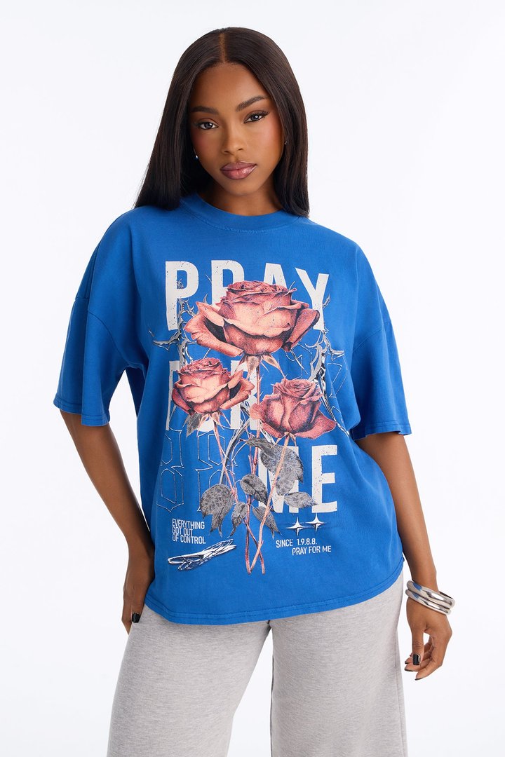 Pray For Me Floral Bloom Washed Tee - Blue