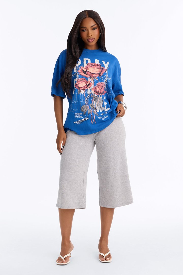 Pray For Me Floral Bloom Washed Tee - Blue