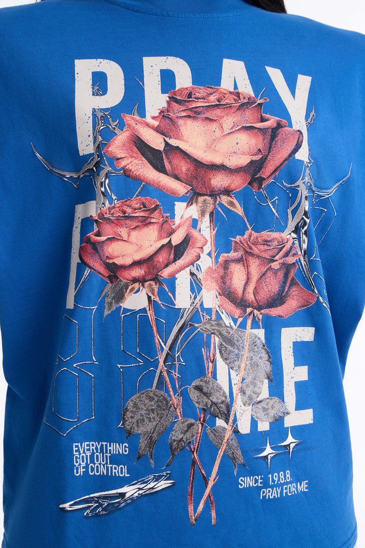 Pray For Me Floral Bloom Washed Tee - Blue