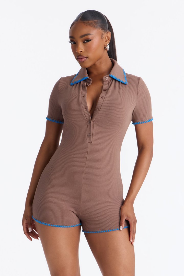 Kaia Ribbed Short Sleeve Micro Short Rompers - Brown