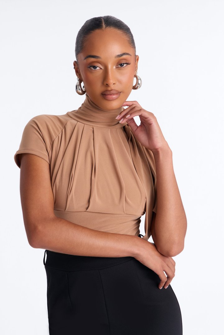 City Dreams Tie Neck Bodysuit - Mocha
