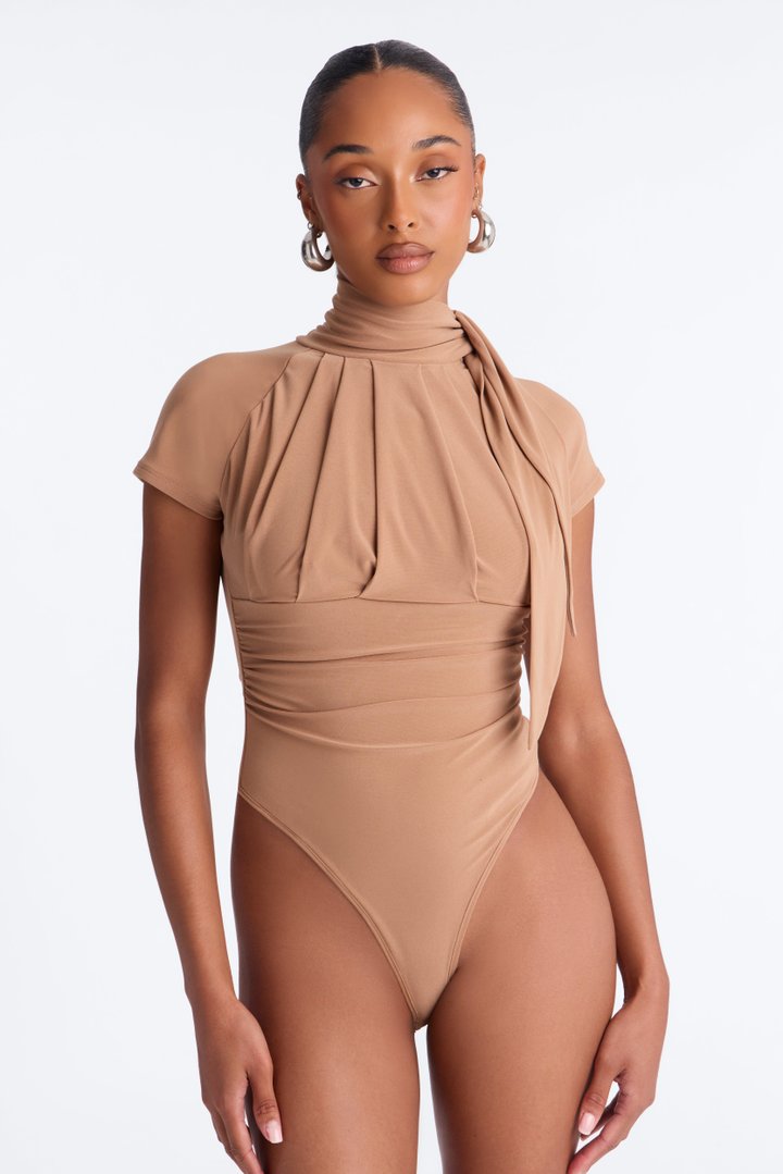 City Dreams Tie Neck Bodysuit - Mocha