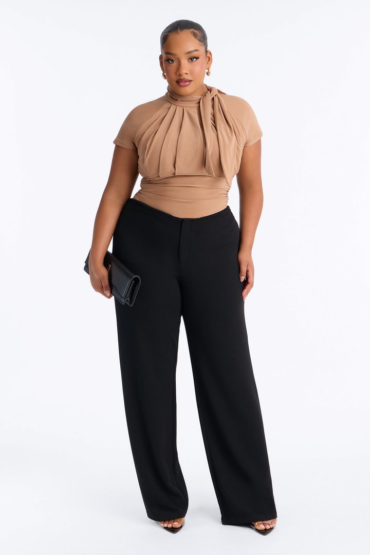 City Dreams Tie Neck Bodysuit - Mocha