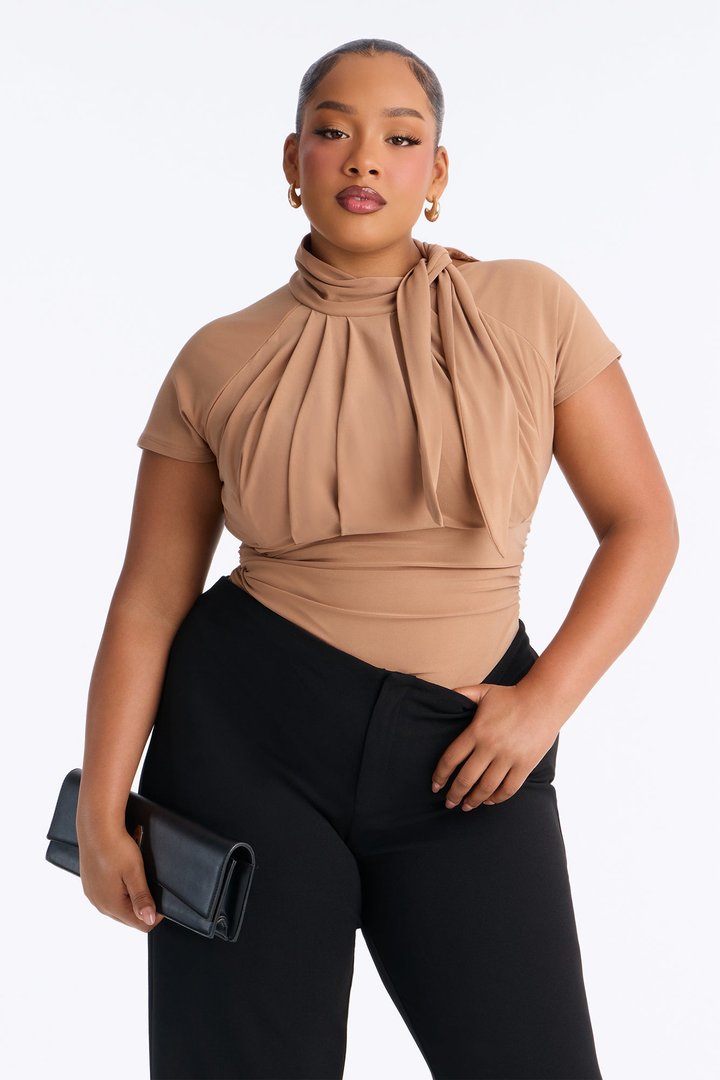 City Dreams Tie Neck Bodysuit - Mocha