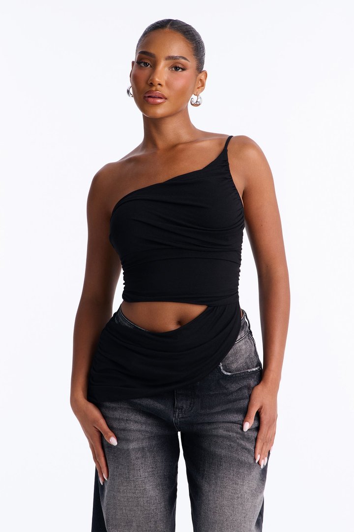 Sierra Ruched One Shoulder Drape Top - Black