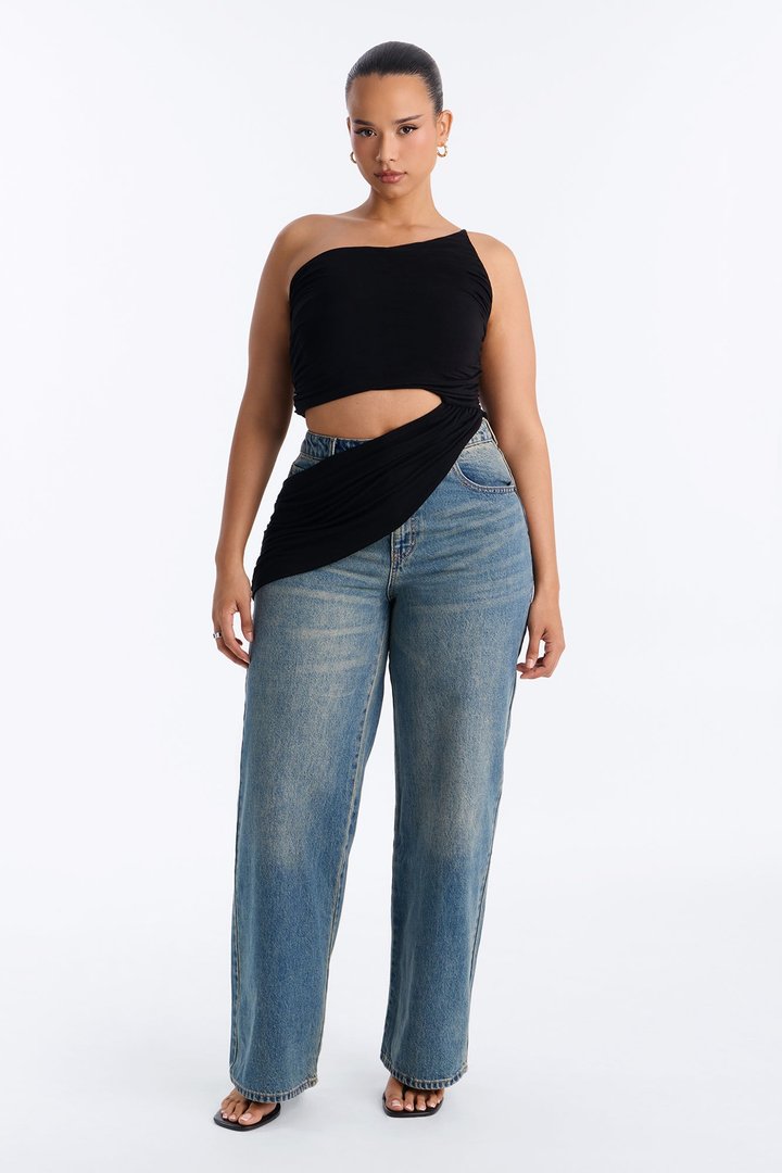 Sierra Ruched One Shoulder Drape Top - Black