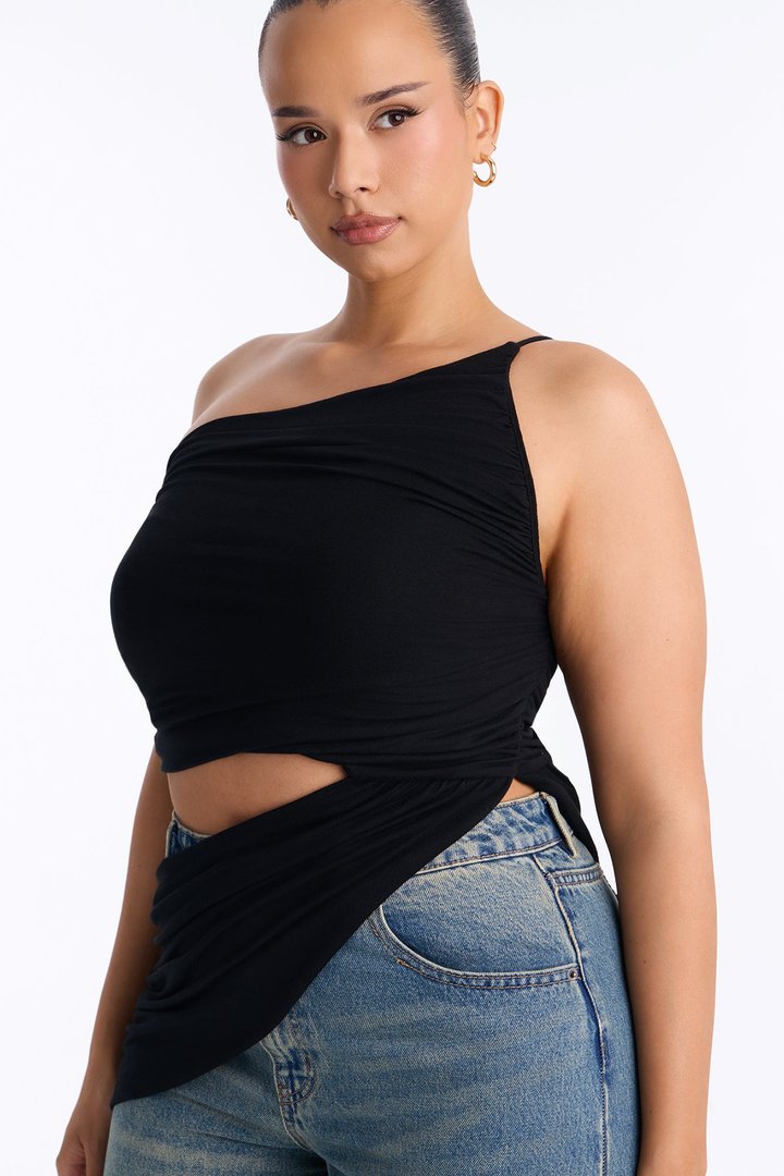 Sierra Ruched One Shoulder Drape Top - Black