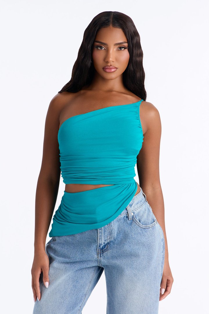Sierra Ruched One Shoulder Drape Top - Jade