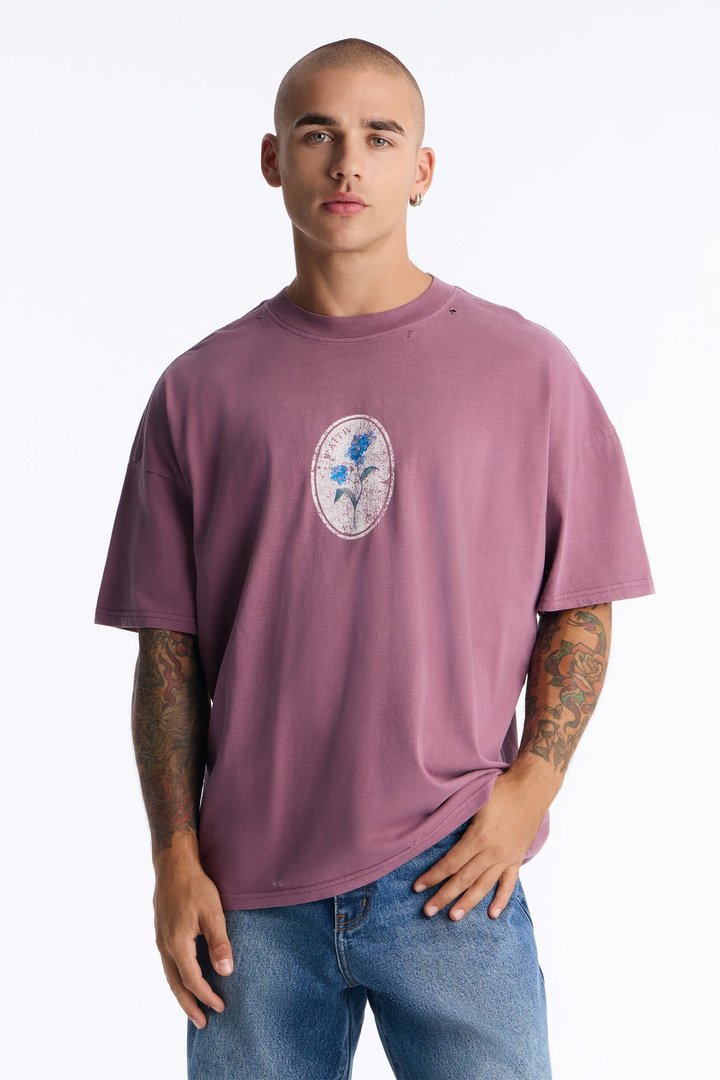 Forget Me Not Distressed Vintage Short Sleeve Tee - Purple