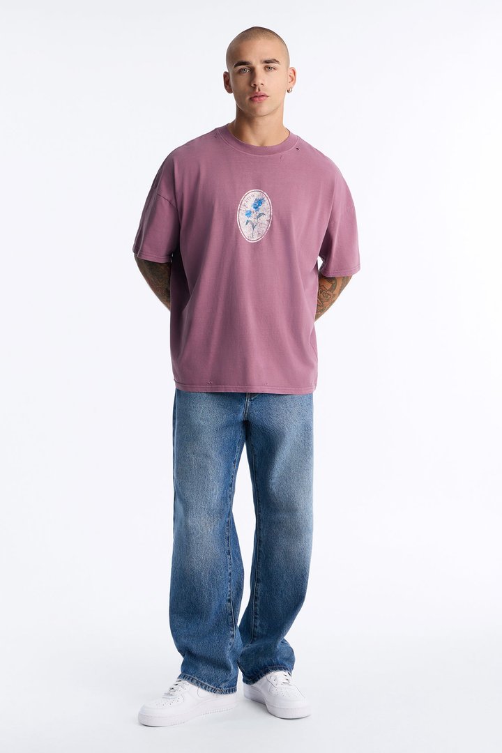 Forget Me Not Distressed Vintage Short Sleeve Tee - Purple