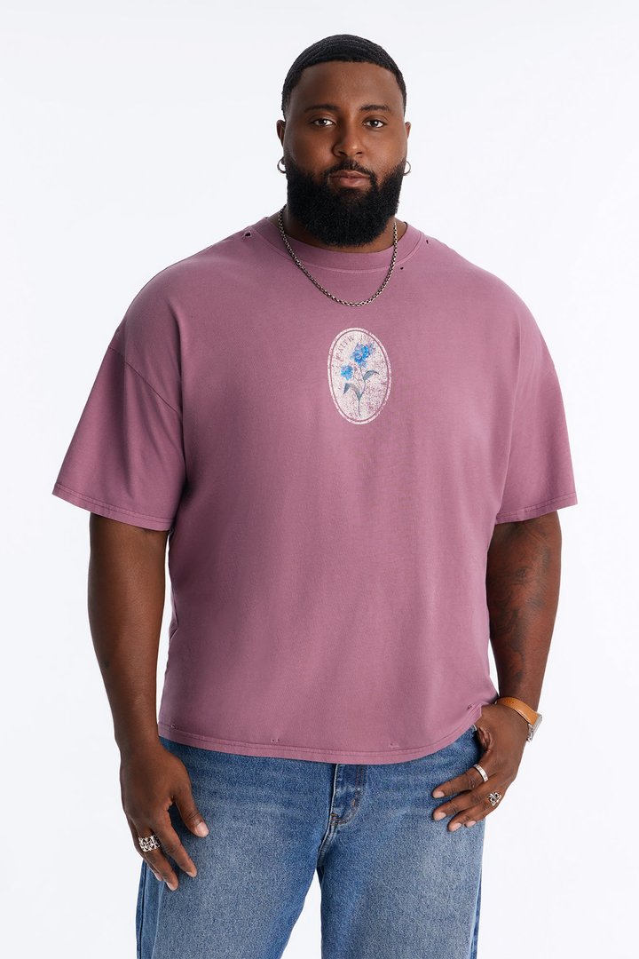 Forget Me Not Distressed Vintage Short Sleeve Tee - Purple