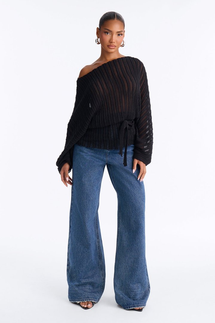 Silent Romance Tie Waist Pullover Sweater - Black