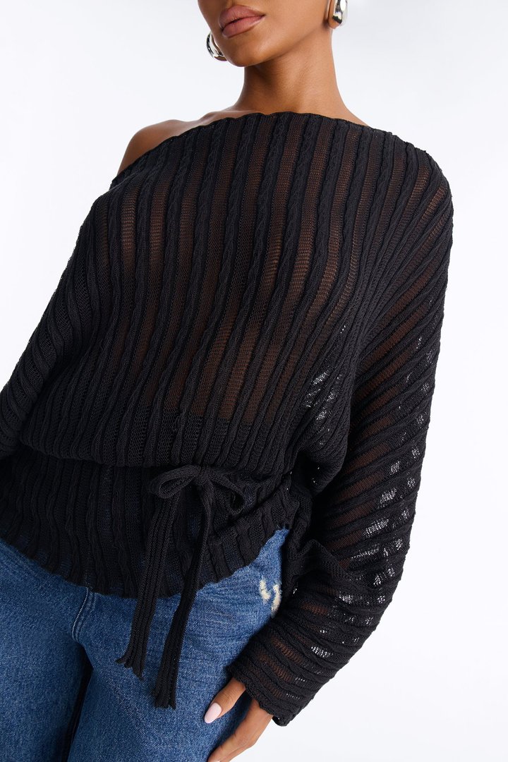 Silent Romance Tie Waist Pullover Sweater - Black