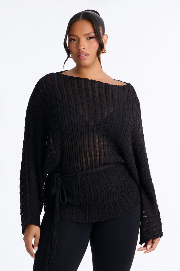 Silent Romance Tie Waist Pullover Sweater - Black