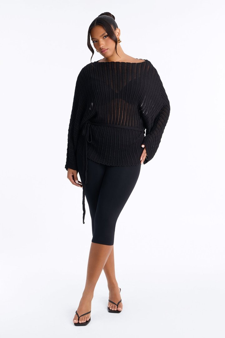 Silent Romance Tie Waist Pullover Sweater - Black