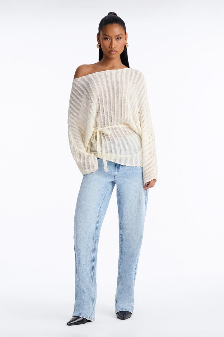 Silent Romance Tie Waist Pullover Sweater - Cream