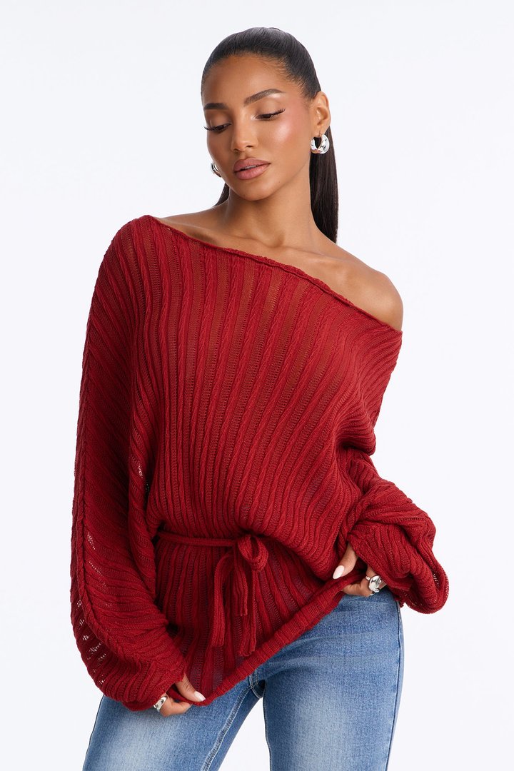 Silent Romance Tie Waist Pullover Sweater - Rust